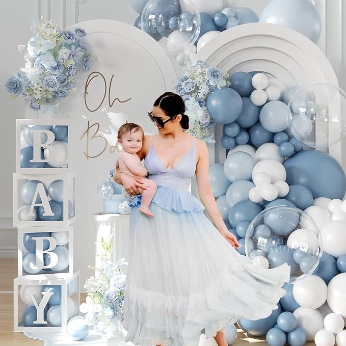 Dusty Blue Balloon Baby Shower Decorations for Boy, 140Pcs Blue Balloon Arch Garland Kit Baby Boxes with Letters for Boy Boho Baby Shower Gender Reveal Birthday Party Decorations