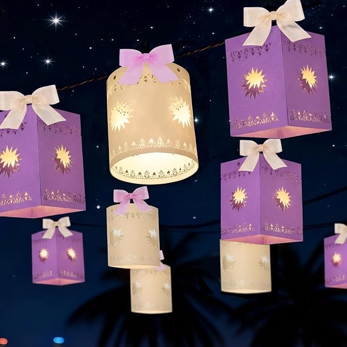 20 Pcs DIY Hanging Lanterns with String Light, Sun Shaped Thickened Paper Cutout Lantern for Princess Girls Birthday Party Home Yard Festival Decorations (10 Yellow+10 Purple, Batteries Not Included)