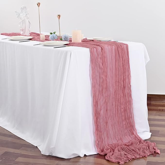10 Pcs Dusty Rose Cheesecloth Table Runner 10FT, Gauze Table Runner for Wedding Reception Sheer Bridal Shower Birthday Party Boho Table Decoration, Rustic Romantic Wedding Runner
