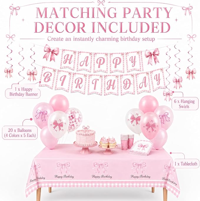Glitter Diamond Theme Party Gold Plate Napkins Birthday Party Supplies Disposable Birthday Dinnerware Set,Girls Birthdays Party Plates Sets With Cups Forks knives Serve 24 (Pink Bow, 24)