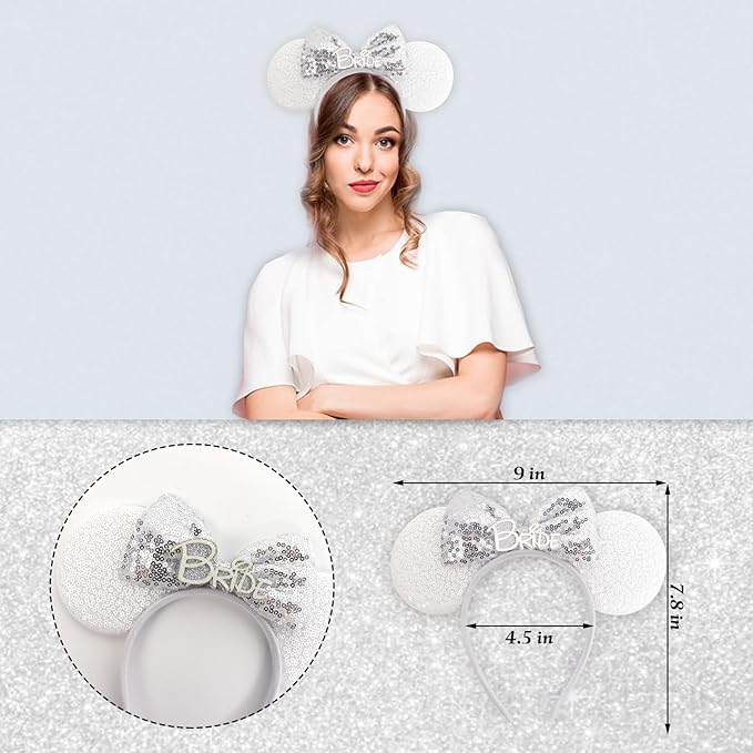 Mouse Ears Set - Bride Accessories - Bachelorette Party Favors - Bride Bachelorette Outfit Accessories to Match Bachelorette Outfit for Bride - Magic Kingdom (Iridescent/White Bride, 1)