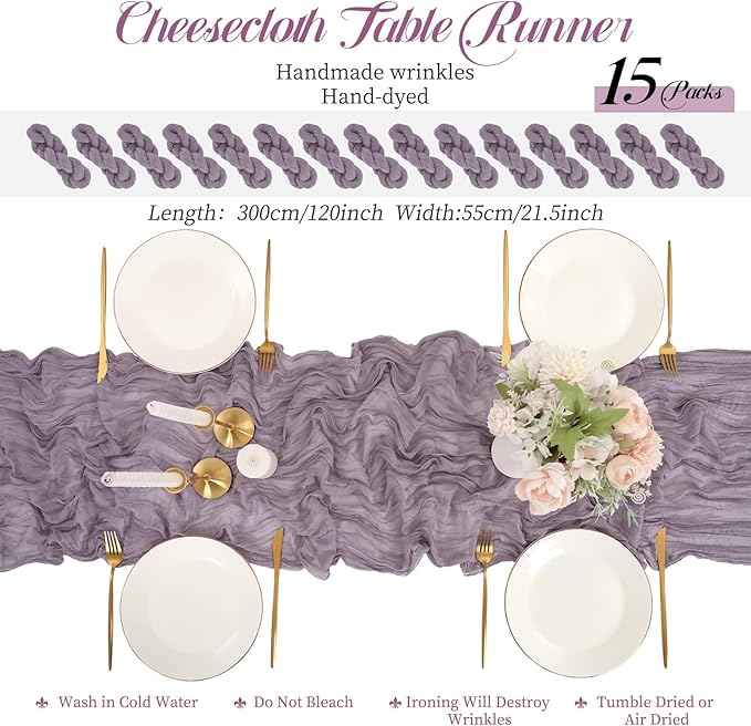 15 Packs Cheesecloth Table Runner Light Purple,10 Ft Lavander Rustic Gauze Boho Wedding Table Runner Decoration, Wedding Table Decor Table Cloth for Wedding Party Bridal Shower Table,21.5x120in