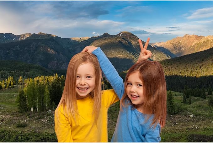 Mountain Forests Backdrop Snow-Capped Green Meadows and Trees Photography Background Sunset Alpine Scene Mountains View Natural Landscape Background Outdoor Birthday Portrait Backdrop Props 15x8ft