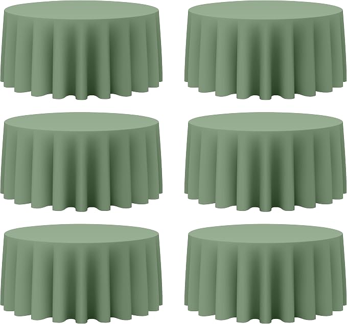 BRILLMAX 6 Pack Sage Green Round Tablecloths 132 Inch for 72” Tables - 150 GSM Polyester Fabric, Floor Length Drop, Water, Stain & Wrinkle Resistant Cloth Cover for Wedding Reception Banquet Dining