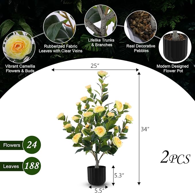 Hananona 2 Pcs Artificial Camellia Trees Faux Camellia Plant in Pot with Flowers Indoor Plants for Spring Home Decor Outdoor Porch Front Door Decor (Yellow, M)