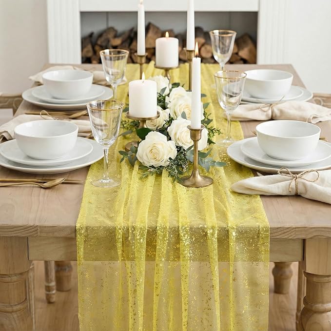 Artoid Mode Light Yellow Gold Gauze Table Runner 59x120 Inch 10FT, Glitter Metallic Foil Sheer Dining Wedding Anniversary Holiday Birthday Table Decor for Home Party