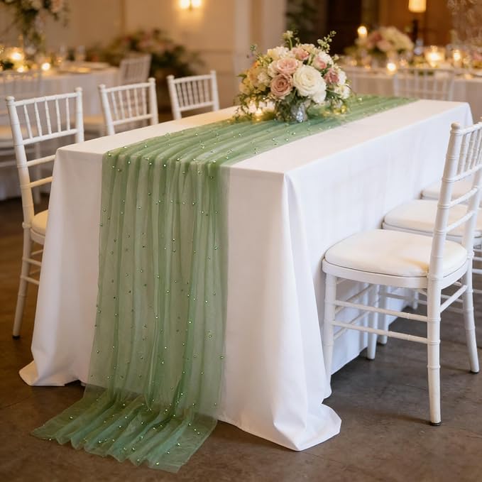 Tulle Pearl Table Runner Lace: 10ft Tulle Runners Romantic Sheer Tables Cover 12pcs Decorative Fabrics for Wedding Arch Dessert Table Decorations Sage Green