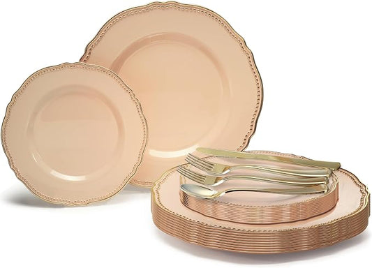 " OCCASIONS " 150pcs set (25 Guests)-Wedding Plastic Plates & cutlery -Disposable heavyweight Dinnerware 10.25'', 7.5'' + Silverware w/double fork (Rochelle Antique Rose & Gold)