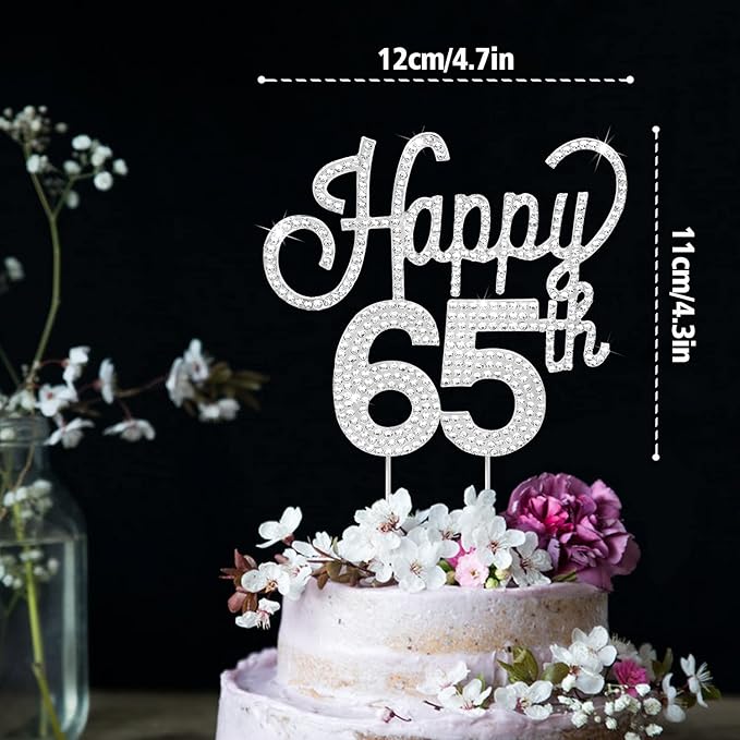 LINGTEER Happy 65th Birthday Silver Rhinestone Cake Topper - Cheers to 65th Birthday 65 Years Old Anniversary Party Cake Centerpieces Topper Decorations Gift Sign.