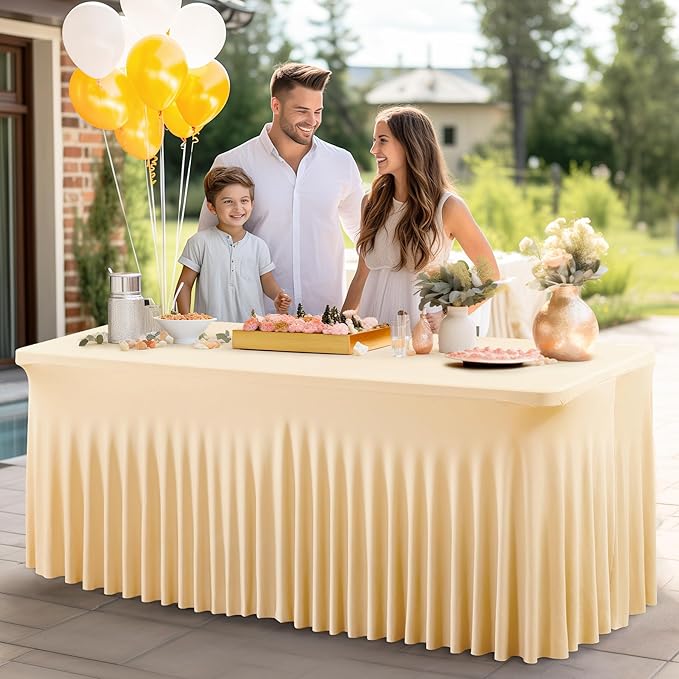 Shillance 2 Packs Champagne Spandex Table Clothes for 6 Foot Rectangle Table, Spandex Table Covers 6FT Stretch Table Skirts Wrinkle Free Fitted Table Cloth for Event, Wedding, Banquet & Parties