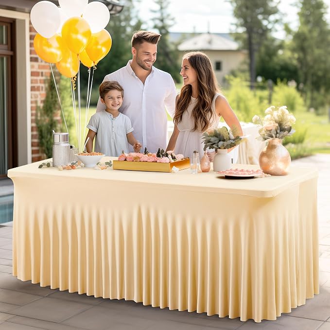 Shillance 2 Packs Champagne Spandex Table Clothes for 4 Foot Rectangle Table, Spandex Table Covers 4FT Stretch Table Skirts Wrinkle Free Fitted Table Cloth for Event, Wedding, Banquet & Parties