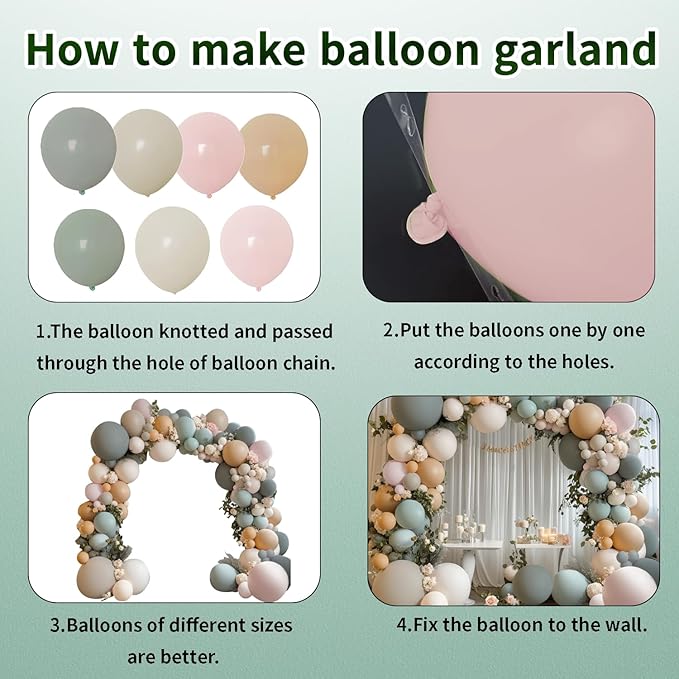 Dusty Green Nude Pink Balloons Arch Kit, Double Stuffed Pastel Balloon Arch Dark Light Green Pink Nude Cream White Sand Tan Balloons for St. Patrick's Day Wedding Birthday Party Woodland Decorations
