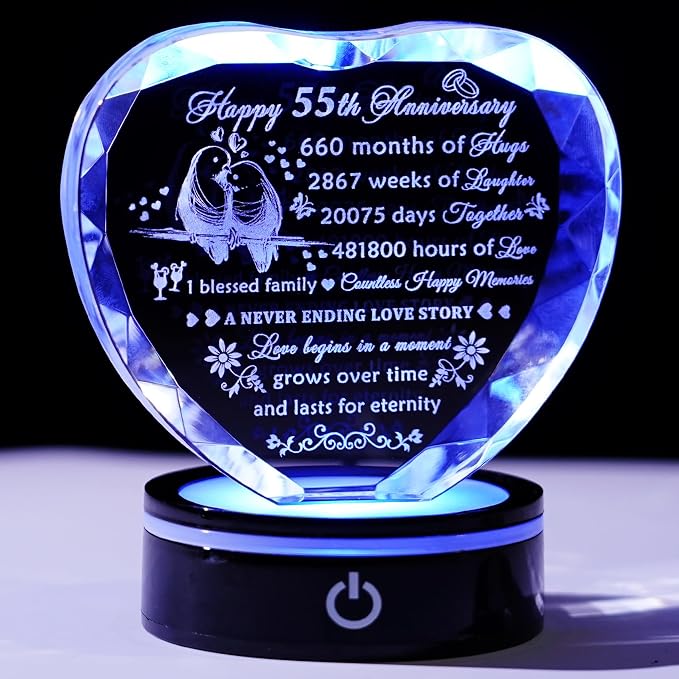 YWHL 55th Wedding Anniversary Crystal Heart Gifts for Couple Parents, Laser Engraved Romantic 55 Year Anniversary Crystal Keepsake Gifts for Wife Husband, 55 Years of Marriage Gifts for Her Him