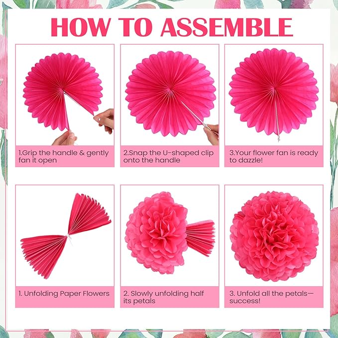 Janinka 60 Pcs Pink Party Decorations- Tissue Paper Pom Poms and Fans Ceiling Decorations Tissue Flowers for Birthday, Baby Shower, Bachelorette Bridal Wedding Supplies
