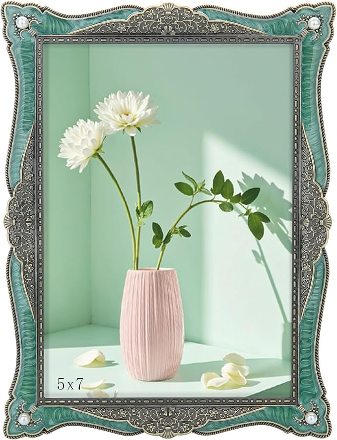 5x7 Vintage Picture Frame Green Metal Emerald Antique Brass Pearl Photo Frame Retro Home Decor, Clear Glass Front, Unique Gifts for Women Wedding Mothers Day, Horizontally & Vertically