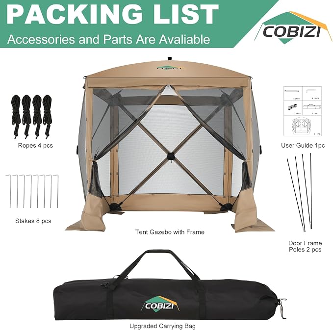 COBIZI 6x6 FT Pop up Gazebo, Popup Canopy Tent, Waterproof Screened in Gazebos,Portable Outdoor Small Screen Tents Sun Shelter,carpas para Patio for Camping, Garden and Backyard,Khaki