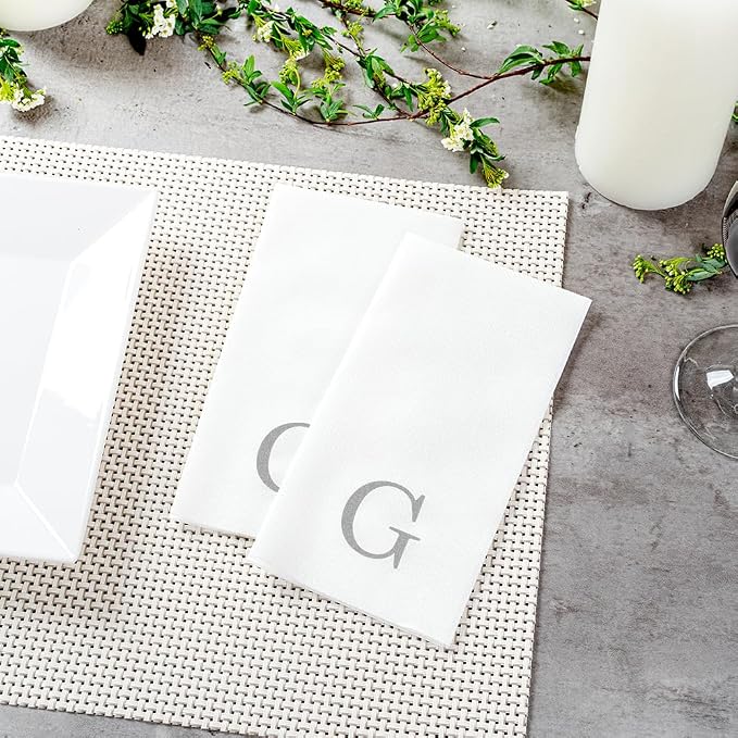 Luxenap 15.8 X 7.9 Inch Linen-Feel Guest Towels, 2000 Lettered Hand Towels - Silver Letter 'G', Sans Serif Font, White Paper Dinner Napkins, airlaid, For Restrooms And Tables - Restaurantware