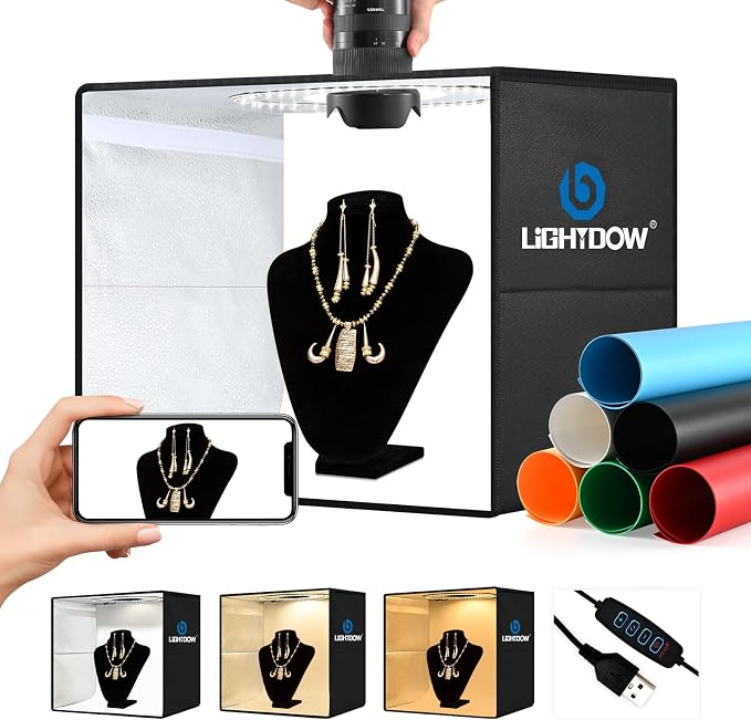 Lightdow 16"x12"x12" Photo Studio Light Box Photography with 120 LEDs (CRI>95), 6 Backdrops - Portable/Dimmable/Versatile Folding Shooting Tents for Toys/Jewelry/Watches/Cosmetics Photography