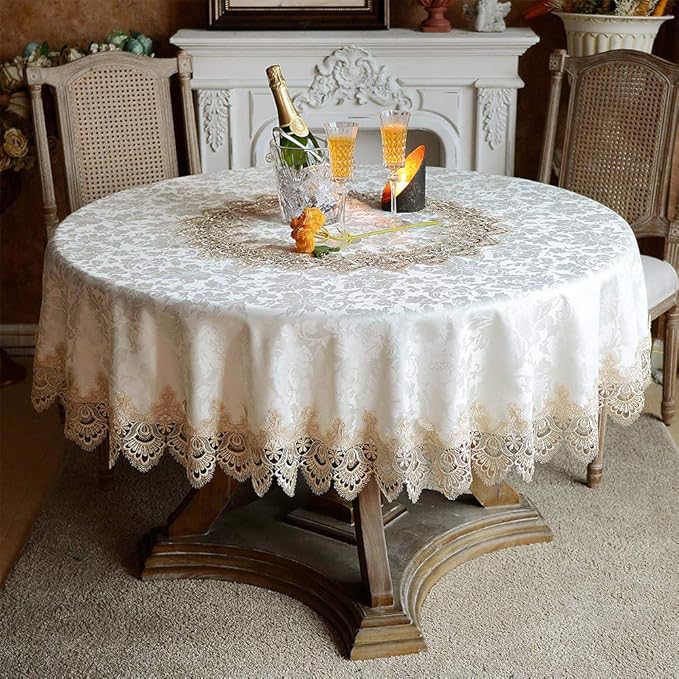 ARTABLE Round Tablecloth Lace Rustic Macrame Embroidered Table Cloths for Harvest Dresser Decor Farmhouse Kitchen Home (Light Brown, 90" Round)
