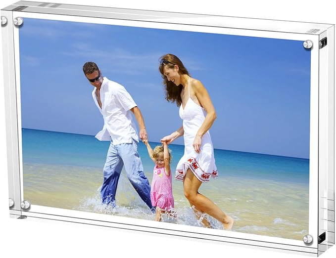 AMEITECH Acrylic Picture Frames 3 Pack, 4x6'' Clear Double Sided Block Set, Desktop Frameless Magnetic Photo Frame