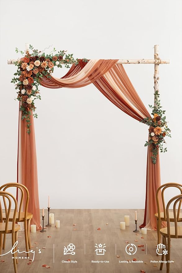 Ling's moment Wedding Arch Flowers with Drapes Kit-Pack of 5, 2pcs Flower Arrangements 3pcs Sheer Hanging Drapes Ceremony Arbor Backdrop Artificial Rose Floral Decor, Terracotta & Burnt Orange
