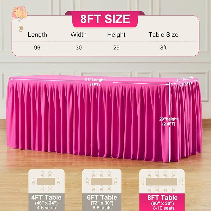 6 Packs Hot Pink Tableclothes for 8 Foot Rectangle Tables, Wrinkle Free Fitted Table Cloth 8ft Stretch Table Cover with Skirt for Parties Weddings Birthday Banquet Baby Shower