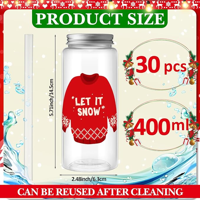Skylety 30 Pcs Christmas Plastic Cups with Lids and Straws 13.5 oz Winter Sweater Reusable Plastic Tumbler Xmas Sweater Party Decor for Winter Holiday Women Birthday Wedding Party Supplies