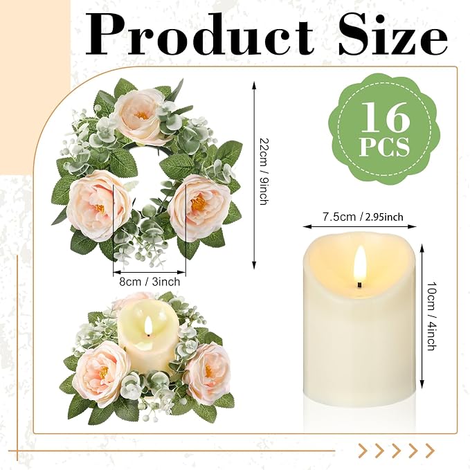 Yunlly 16 Set Rose Candle Rings Wreaths 3 Inch Center with Flameless LED Candles Artificial Rose Light Garland Fake Electric Votive Tealights Bulk Funeral Wedding Table Centerpieces Decor(Champagne)