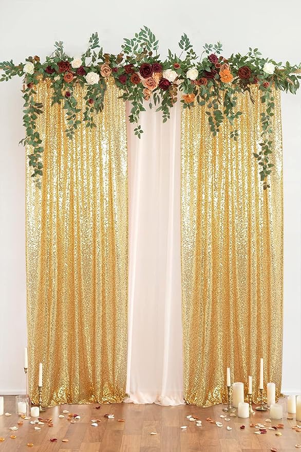 PartyDelight Gold Sequin Backdrop Curtains 2x8ft 2 Panels | 3mm stitched sequin curtain with 4 inch rod pocket for 2x8ft 2 panel doorway window side drape narrow photo booth strip