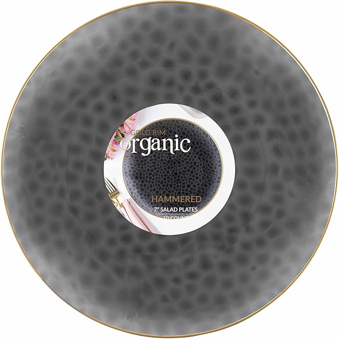 PLASTICPRO 30 Pack Hammered Plastic Plates Heavyweight Disposable Plastic Plates Elegant Transparent Black Plates With Gold Rim Platsic Party Dishes (Transparent Black With Gold Rim, 7'' INCH PLATES)