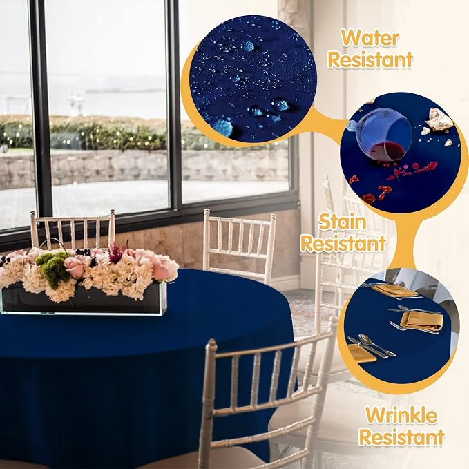 BRILLMAX 4 Pack Navy Blue Round Tablecloths 132 Inch for 72” Tables - 150 GSM Polyester Fabric, Floor Length Drop, Water, Stain & Wrinkle Resistant Cloth Cover for Wedding Reception Banquet Dining