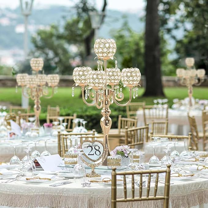 5 Arm Gold Candle Holder 22.5 Inch Tall Crystal with Pendant, Romantic Home Decor Elegant Candlestick Holder for Dates Wedding Receptions Holiday Party Important Events