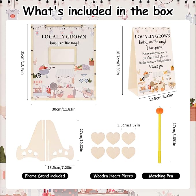 Locally Grown Baby Shower Decorations,Farmers Market Baby Shower Guest Book Alternatives with Pumpkin Pen,Photo Frame and 60 Heart Wood Slices for 60 Guests,Gender Reveal Decorations