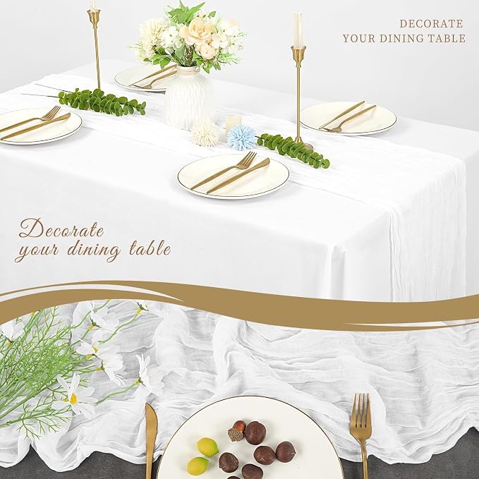 10 Pack Cheesecloth Table Runner 17 x 108 inch Long Boho Gauze Table Runners Semi Sheer Table Runner for Wedding Decor, Baby Shower, Birthday Party, Banquet (White)