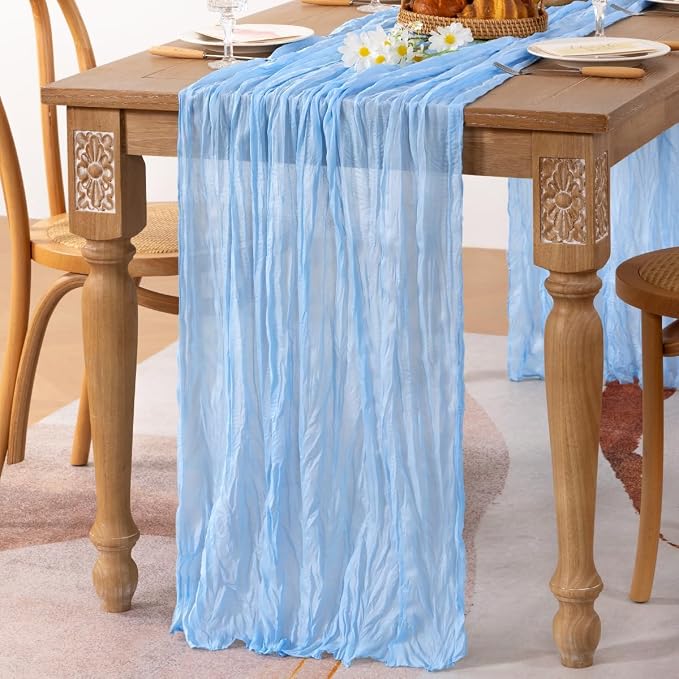 MLMC 6 Pack Baby Blue Cheesecloth Table Runner Baby Blue Table Runner 10ft Sheer Rustic Cheese Cloth Baby Shower Decorations 65x120 Inches for Birthday Gender Reveal Baby Shower Wedding Decor