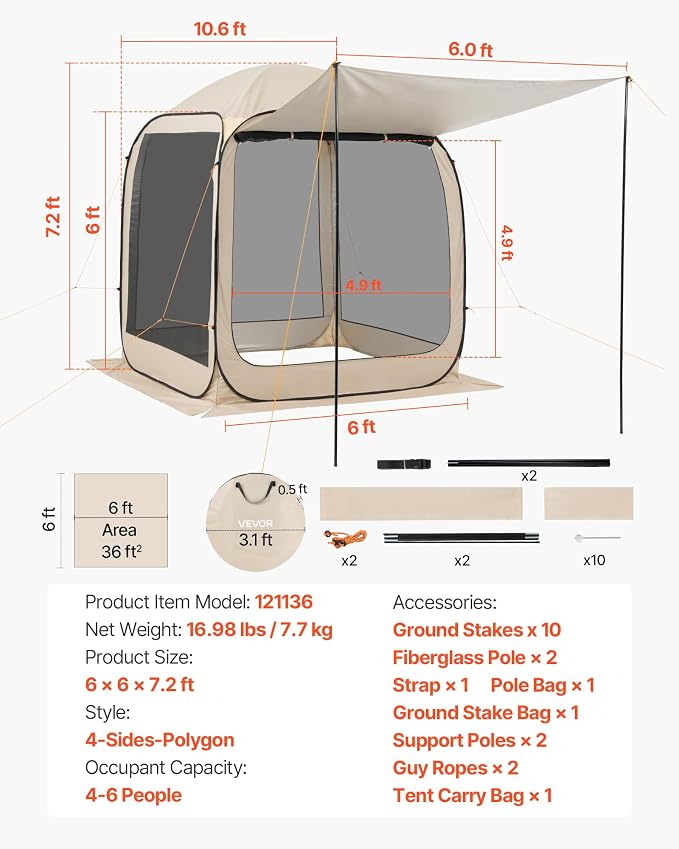 VEVOR Pop Up Screen House Tent, 6 x 6 ft, 4-6 Person Screen Gazebo with Extended Awning, Portable Screened in Canopy with Carry Bag, Netting Sides, for Patio, Backyard, and Outdoor Activities, Beige