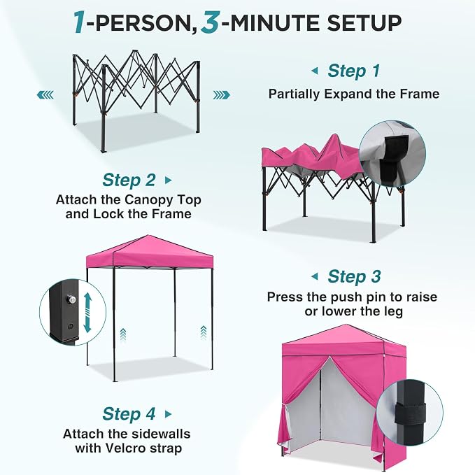 EAGLE PEAK 6x4 Instant Pop Up Canopy Tent with 4 Side Wall Panels, Straight Leg Sun Shelter, Portable Canopy with Carry Bag for Camping, Beach & Sports, Pink