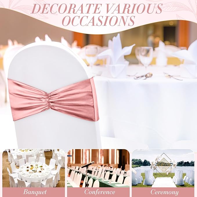 Hahafelt 50 pcs Chair Sashes Shiny Bow Spandex Bands for Chair Wedding Banquet Parties Reception Restaurant Decoration, Rose Gold