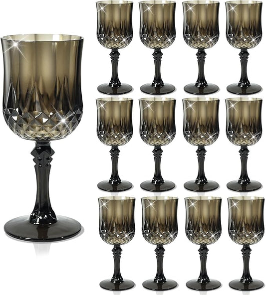 CHLJAR 7oz Plastic Vintage Drinking Glasses Wine Glasses Vintage Champagne Flutes Unbreakable Wedding Glassware Crystal Water Goblets Reusable Drinkware (Black, 12 PCS)