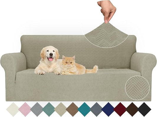 JIVINER Stretch Sofa Covers 1 Piece Couch Covers for 3 Cushion Couch Sofa, 3 Seater Sofa Slipcovers Furniture Protector with Elastic Bottom for Kids, Pets (Khaki, Sofa)