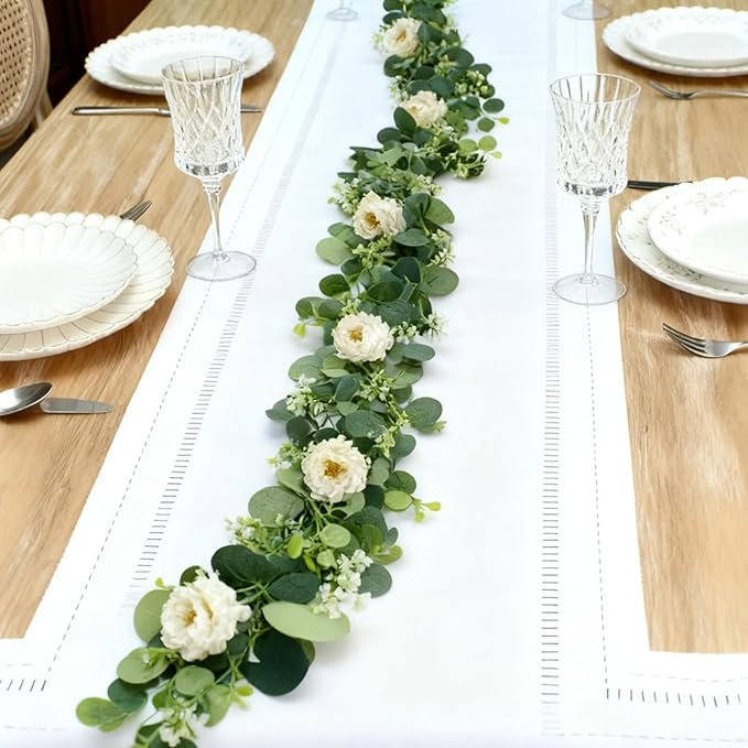 4 Packs 24FT Artificial Eucalyptus Flower Garland with White Camellias, Faux Greenery Garland Wedding Decor Fake Flower Rose Hanging Vine for Home Yard Table Party Decor