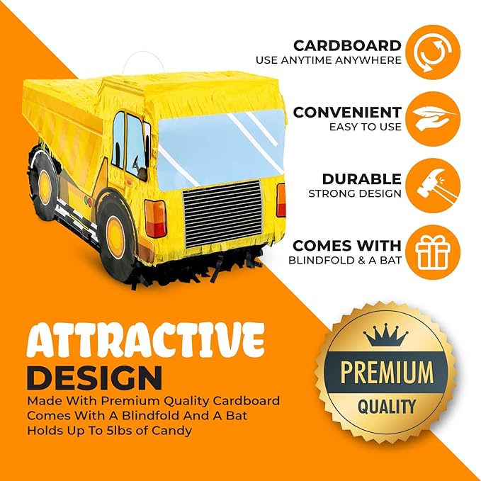 Small Dump Truck Pinata Bundle with a Blindfold and Bat(16 x 9 x 6.5 Inches), Kids Excavator Pinata for Construction Birthday Parties, Boys Birthday Party Supplies