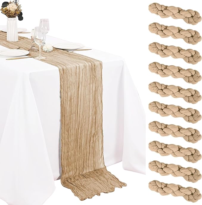 10 Pack Beige Cheesecloth Table Runner 10FT Boho Gauze Fabric Cheese Cloth Table Runners for Wedding ,Party,Baby Shower, Bridal Party, Rustic Farmhouse and Table Decorations