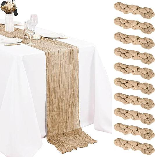10 Pack Beige Cheesecloth Table Runner 10FT Boho Gauze Fabric Cheese Cloth Table Runners for Wedding ,Party,Baby Shower, Bridal Party, Rustic Farmhouse and Table Decorations