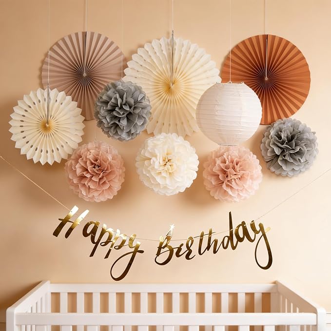 EASY JOY Champagne Beige Paper Flowers Tissue Pom Poms Boho Birthday Decorations Paper Lanterns Party Decorations Happy Birthday Banner White Paper Fans for Boho Fall Rustic Neutral Baby Shower