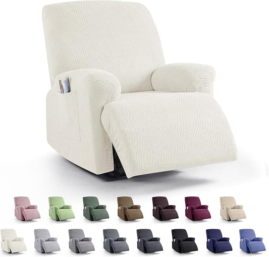 KinCam Recliner Covers, Stretch Reclining Chair Covers, Recliner Sofa Slipcovers Stripe Jacquard Recliner Couch Covers Furniture Protector Covers (1 XL Seater, Cream)