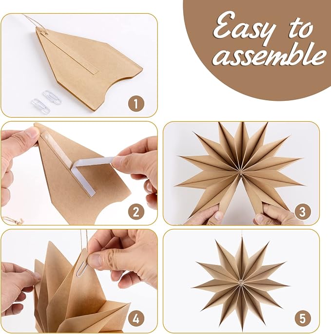 SUNBEAUTY 3 Pcs 12-Pointed Brown Paper Star Lanterns 12 Inch Christmas Hanging Lamp Rustic Paper Decorations Shade Wedding Birthday Christmas Home Party Decorations