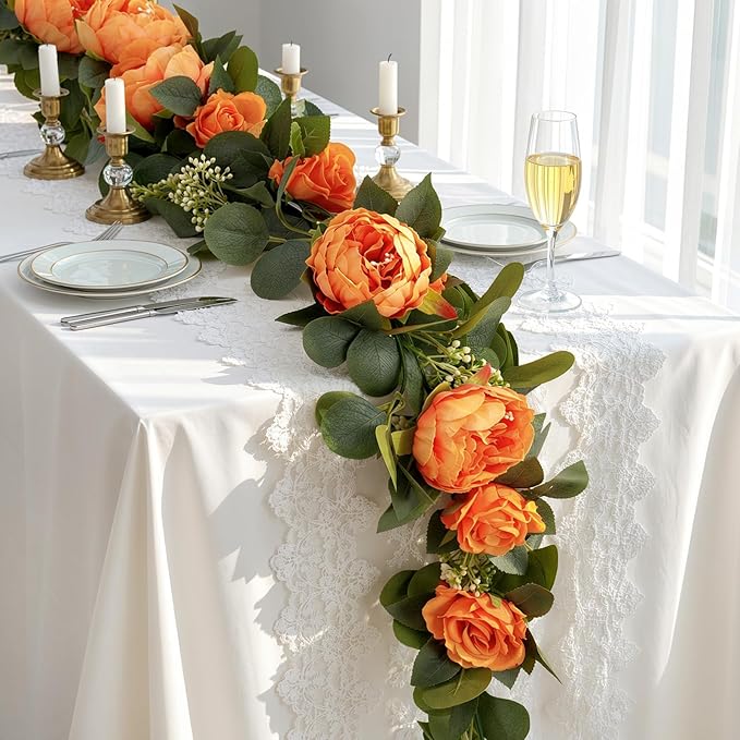 Lewondr Artificial Eucalyptus Garland with Flower - 8 Rose 8 Peony, 2Pcs 13FT Faux Floral Greenery Garlands Fake Flowers Vines, Maintenance-Free for Table Shelf Backdrop Party Room Decor, Orange