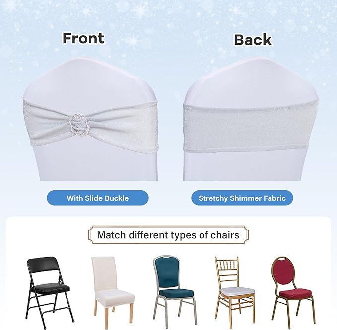 SquarePie Pack of 100 Silver Chair Sashes Bows with Buckle Slider Universal Elastic Spandex Chair Bands Ties for Banquet Event Decor