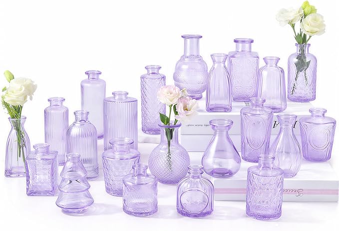 RUCKAE Glass Bud Vases Mini Flower Vase Small Vintage Vases for Centerpiece Table Wedding Decorations Home Decor Party(Purple 22 Pack)
